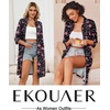 image:imageEkouaer Zipper Robes for Women 34 Sleeve Housecoats with Pockets  House coats for women Soft Lightweight Bathrobe Turn Down Neck Contrast Piping Home Daily Wear TravelBlack Flower