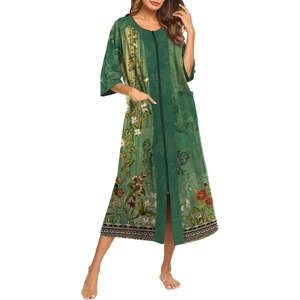 image:imageEkouaer Robes For Women Zipper Front 34 Sleeve Housecoats with Pockets  Full Length Loungewear Color Block Bathrobe Hshape House Dress Wearing after Bathing Swimming Postoperative RecoveryGreen Floral