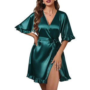 image:imageEkouaer Silk Robes for Women Short Lightweight Bathrobe Satin Kimono Robes  Ruffled Sexy Bride Bridesmaid Sleepwear 34 sleeve V neck TabovekneelengthDeep Green