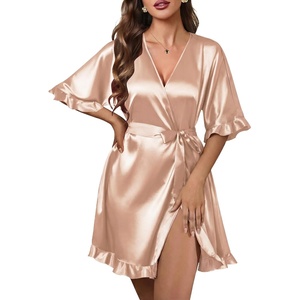 image:imageEkouaer Silk Robes for Women Short Lightweight Bathrobe Satin Kimono Robes  Ruffled Sexy Bride Bridesmaid Sleepwear 34 sleeve V neck TabovekneelengthKhaki
