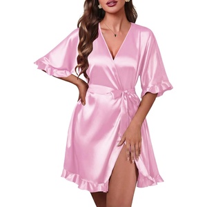 image:imageEkouaer Silk Robes for Women Short Lightweight Bathrobe Satin Kimono Robes  Ruffled Sexy Bride Bridesmaid Sleepwear 34 sleeve V neck TabovekneelengthPink