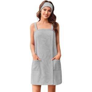 image:imageEkouaer Womens Towel Robe Short Spa Bath Wrap Towel Wrap Shower Robe  Headband Absorbent Material Strap PocketsAgray