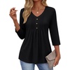 image:imageEkouaer 34 Length Sleeve Womens Tops V Neck Blouses Casual Pleated Shirts  Soft lightweight fabric 34 sleeve loose top with v neck front pleats and decorative buttons ideal for all occasionsBlack