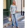 image:imageEkouaer 34 Length Sleeve Womens Tops V Neck Blouses Casual Pleated Shirts  Soft lightweight fabric 34 sleeve loose top with v neck front pleats and decorative buttons ideal for all occasionsBlue White Striped