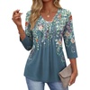 image:imageEkouaer 34 Length Sleeve Womens Tops V Neck Blouses Casual Pleated Shirts  Soft lightweight fabric 34 sleeve loose top with v neck front pleats and decorative buttons ideal for all occasionsGrey Green Floral