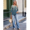 image:imageEkouaer 34 Length Sleeve Womens Tops V Neck Blouses Casual Pleated Shirts  Soft lightweight fabric 34 sleeve loose top with v neck front pleats and decorative buttons ideal for all occasionsGrey Green Floral