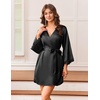 image:imageEkouaer Silk Robes for Women Short Satin Robe 34 Sleeves Kimono Bathrobe  Lace Trim Knee Length Sexy Bride Bridsmaid Robe Pockets TieBlack