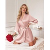 image:imageEkouaer Silk Robes for Women Short Satin Robe 34 Sleeves Kimono Bathrobe  Lace Trim Knee Length Sexy Bride Bridsmaid Robe Pockets TieDusty Pink
