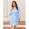 image:imageEkouaer Silk Robes for Women Short Satin Robe 34 Sleeves Kimono Bathrobe  Lace Trim Knee Length Sexy Bride Bridsmaid Robe Pockets TieLight Blue