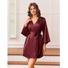 image:imageEkouaer Silk Robes for Women Short Satin Robe 34 Sleeves Kimono Bathrobe  Lace Trim Knee Length Sexy Bride Bridsmaid Robe Pockets TieWine Red