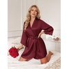 image:imageEkouaer Silk Robes for Women Short Satin Robe 34 Sleeves Kimono Bathrobe  Lace Trim Knee Length Sexy Bride Bridsmaid Robe Pockets TieWine Red
