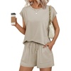 image:imageEkouaer Two Piece Sets for Women Summer Lounge Short Sets with Pocket  Soft Womens Lounge Set Crew Neck Cap Sleeve Drawstring Vacation Outfits 2 Piece Matching Sets Women ClothingKhaki