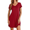 image:imageEkouaer Womens Nightgown Short Sleeve Night Gowns Soft Ruffled Sleep Shirt  Nightgowns for WomenV Neck Sleep DressShort NightgownPullover Soft Night DressRuffled SleepwearSummer T Shirt DressWine Red