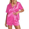 image:imageEkouaer Womens Satin Pajama Set Short Sleeve Sleepwear Button Down Pjs  Silky Smooth Satin Soft Top and Shorts Bridal Getting Ready Outfit 2 Piece Loungewear Set for Daily Sleep Wedding PartyLeopard Print Rose Pink