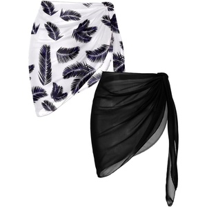 image:imageEkouaer 2 Pcs Sarong Chiffon Beach Wrap Skirt Swimsuit Coverups for Women  Sheer Bikini Swimsuit Cover UpsBikini Beach DressFront SlitsFlowy and Swing LengthBlackWhite Background Black Leaves