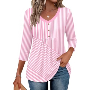 image:imageEkouaer 34 Length Sleeve Womens Tops V Neck Blouses Casual Pleated Shirts  Soft lightweight fabric 34 sleeve loose top with v neck front pleats and decorative buttons ideal for all occasionsPink Stripes