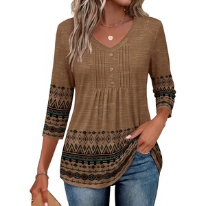 image:imageEkouaer 34 Length Sleeve Womens Tops V Neck Blouses Casual Pleated Shirts  Soft lightweight fabric 34 sleeve loose top with v neck front pleats and decorative buttons ideal for all occasionsBrown Boho