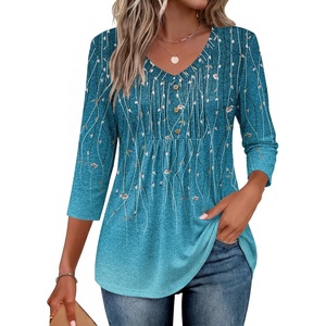 image:imageEkouaer 34 Length Sleeve Womens Tops V Neck Blouses Casual Pleated Shirts  Soft lightweight fabric 34 sleeve loose top with v neck front pleats and decorative buttons ideal for all occasionsWillow Flower