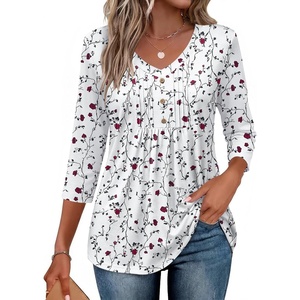 image:imageEkouaer 34 Length Sleeve Womens Tops V Neck Blouses Casual Pleated Shirts  Soft lightweight fabric 34 sleeve loose top with v neck front pleats and decorative buttons ideal for all occasionsWhite Floral