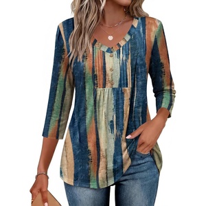image:imageEkouaer 34 Length Sleeve Womens Tops V Neck Blouses Casual Pleated Shirts  Soft lightweight fabric 34 sleeve loose top with v neck front pleats and decorative buttons ideal for all occasionsMulticolor Striped