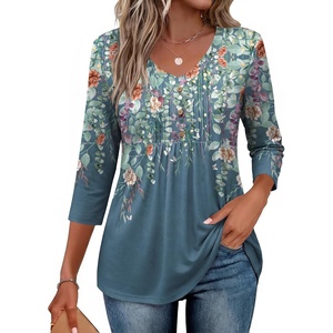 image:imageEkouaer 34 Length Sleeve Womens Tops V Neck Blouses Casual Pleated Shirts  Soft lightweight fabric 34 sleeve loose top with v neck front pleats and decorative buttons ideal for all occasionsGrey Green Floral