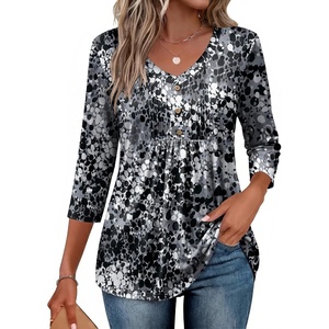 image:imageEkouaer 34 Length Sleeve Womens Tops V Neck Blouses Casual Pleated Shirts  Soft lightweight fabric 34 sleeve loose top with v neck front pleats and decorative buttons ideal for all occasionsBlack Grey Printed