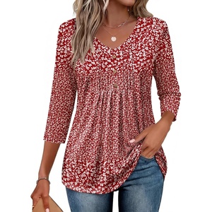 image:imageEkouaer 34 Length Sleeve Womens Tops V Neck Blouses Casual Pleated Shirts  Soft lightweight fabric 34 sleeve loose top with v neck front pleats and decorative buttons ideal for all occasionsRed Floral