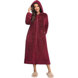 image:imageEkouaer Fleece Robes for Women Hooded Plush Zipper Front Long Bathrobe Warm House Robe Sleepwear with PocketsD Wine Red