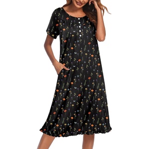 image:imageEkouaer House Dresses for Women with Pockets Short Sleeve Moo Moos  Floral Print Mumu Dresses Crewneck Pleated Front Button Moomoo Dress Ruffled Hem Soft Sleepwear for Lounge SleepBlack Butterfly Floral