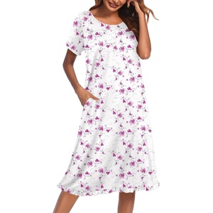 image:imageEkouaer House Dresses for Women with Pockets Short Sleeve Moo Moos  Floral Print Mumu Dresses Crewneck Pleated Front Button Moomoo Dress Ruffled Hem Soft Sleepwear for Lounge SleepPink Floral