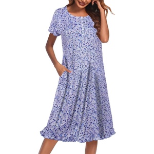 image:imageEkouaer House Dresses for Women with Pockets Short Sleeve Moo Moos  Floral Print Mumu Dresses Crewneck Pleated Front Button Moomoo Dress Ruffled Hem Soft Sleepwear for Lounge SleepLavender