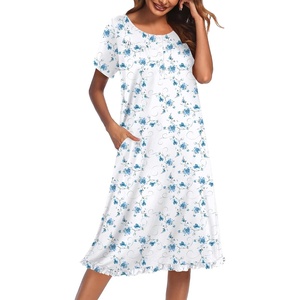 image:imageEkouaer House Dresses for Women with Pockets Short Sleeve Moo Moos  Floral Print Mumu Dresses Crewneck Pleated Front Button Moomoo Dress Ruffled Hem Soft Sleepwear for Lounge SleepBlue Floral