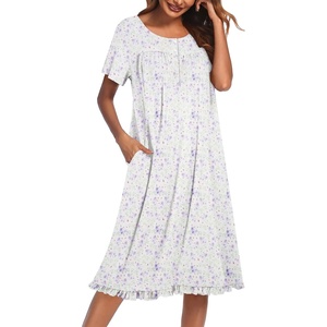 image:imageEkouaer House Dresses for Women with Pockets Short Sleeve Moo Moos  Floral Print Mumu Dresses Crewneck Pleated Front Button Moomoo Dress Ruffled Hem Soft Sleepwear for Lounge SleepPurple Flower