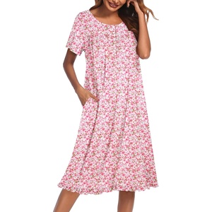 image:imageEkouaer House Dresses for Women with Pockets Short Sleeve Moo Moos  Floral Print Mumu Dresses Crewneck Pleated Front Button Moomoo Dress Ruffled Hem Soft Sleepwear for Lounge SleepPink Flower