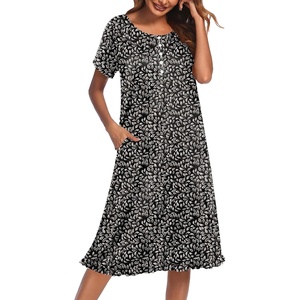 image:imageEkouaer House Dresses for Women with Pockets Short Sleeve Moo Moos  Floral Print Mumu Dresses Crewneck Pleated Front Button Moomoo Dress Ruffled Hem Soft Sleepwear for Lounge SleepKhaki Leaf