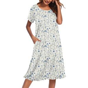 image:imageEkouaer House Dresses for Women with Pockets Short Sleeve Moo Moos  Floral Print Mumu Dresses Crewneck Pleated Front Button Moomoo Dress Ruffled Hem Soft Sleepwear for Lounge SleepApricot Blue Floral
