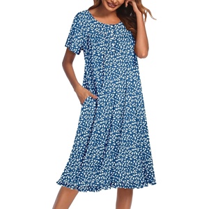 image:imageEkouaer House Dresses for Women with Pockets Short Sleeve Moo Moos  Floral Print Mumu Dresses Crewneck Pleated Front Button Moomoo Dress Ruffled Hem Soft Sleepwear for Lounge SleepBlue