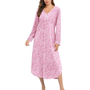 image:imageEkouaer Long Sleeve Nightgowns for Women Button Front Long Night Gowns  Full Length Nightshirts V Neck Night Dress Flatting Cuffs Contrasting Trim Soft Sleep Dress for Lounging Home VacationPink Floral