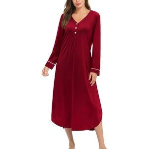 image:imageEkouaer Long Sleeve Nightgowns for Women Button Front Long Night Gowns  Full Length Nightshirts V Neck Night Dress Flatting Cuffs Contrasting Trim Soft Sleep Dress for Lounging Home VacationRed