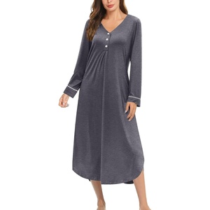 image:imageEkouaer Long Sleeve Nightgowns for Women Button Front Long Night Gowns  Full Length Nightshirts V Neck Night Dress Flatting Cuffs Contrasting Trim Soft Sleep Dress for Lounging Home VacationGray