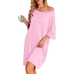 image:imageEkouaer Nightgowns for Women Bamboo Viscose Night Gown Plus Size Nightshirt  Cooling FabricOversized Sleep ShirtsHalf Sleeve Sleep DressSummer Short Night DressTShirt Dress for SleepLoungeBeachPink