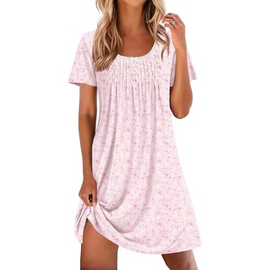 image:imageEkouaer Nightgowns for Women Pleated Sleep Shirts Short Sleeve Night Shirts  Lace Trim Night Gown Ladies Sleep Dress Night Dress Victorian Sleepwear Soft Pajama Dress Casual Loungewear Cute PrintPink Petal Whisper