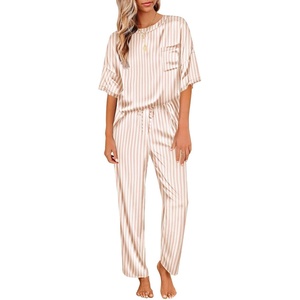 image:imageEkouaer Pajamas for Women Set Silky Satin 2 Piece Lounge Sets with Pockets  Lightweight pjselastic waist long pantsloose drop shoulderallseason daily weargreat giftwedding bridal partySXXXLChampagne Striped