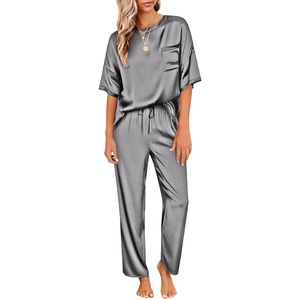 image:imageEkouaer Pajamas for Women Set Silky Satin 2 Piece Lounge Sets with Pockets  Lightweight pjselastic waist long pantsloose drop shoulderallseason daily weargreat giftwedding bridal partySXXXLDark Gray