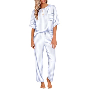 image:imageEkouaer Pajamas for Women Set Silky Satin 2 Piece Lounge Sets with Pockets  Lightweight pjselastic waist long pantsloose drop shoulderallseason daily weargreat giftwedding bridal partySXXXLBlue Stripes