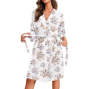 image:imageEkouaer Robes for Women Waffle Knit Kimono Bathrobe Loungewear with Pockets  Knee Length Maternity Robe Lightweight Soft Comfy Fabric Floral Print Ladies House CoatFloral White