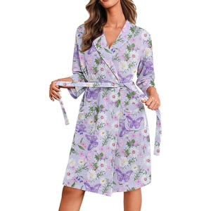 image:imageEkouaer Robes for Women Waffle Knit Kimono Bathrobe Loungewear with Pockets  Knee Length Maternity Robe Lightweight Soft Comfy Fabric Floral Print Ladies House CoatPurple Butterfly Floral