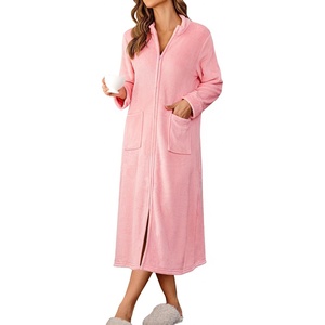 image:imageEkouaer Women Zipper Robe Fleece Long Sleeves Bathrobe Sleepwear Warm Soft Housecoat with Pockets Zip Up House DressesPink
