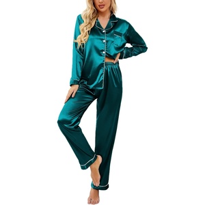 image:imageEkouaer Womens Classic Button Down Long Satin Silk Pajama Set  Soft Satin Pajamas MixMatch Daily Look Chest PocketElastic Waist Gift For LadiesBlue Green