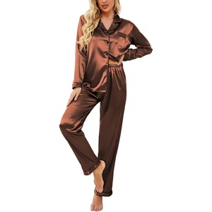 image:imageEkouaer Womens Classic Button Down Long Satin Silk Pajama Set  Soft Satin Pajamas MixMatch Daily Look Chest PocketElastic Waist Gift For LadiesDeep Brown